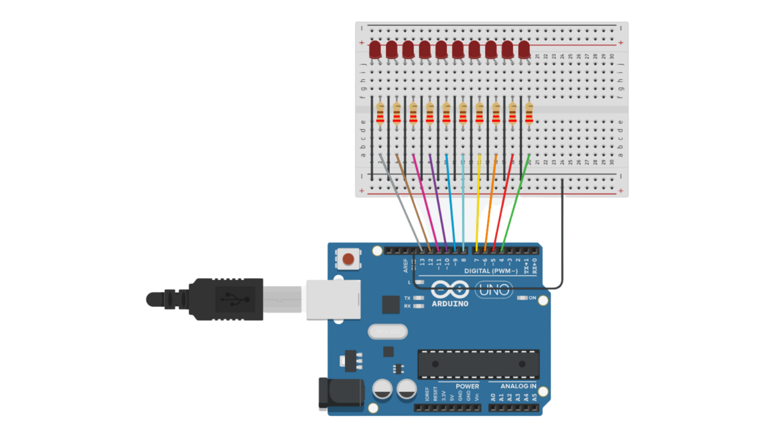 Arduino Uno - Knight Rider With LEDs Diagram